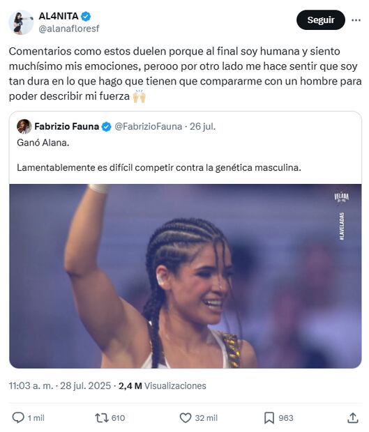 Alana responde a comentarios sobre su aspecto físico en redes sociales, toma las criticas como halagos para seguir mejorando. Foto: Captura de pantalla 'X'