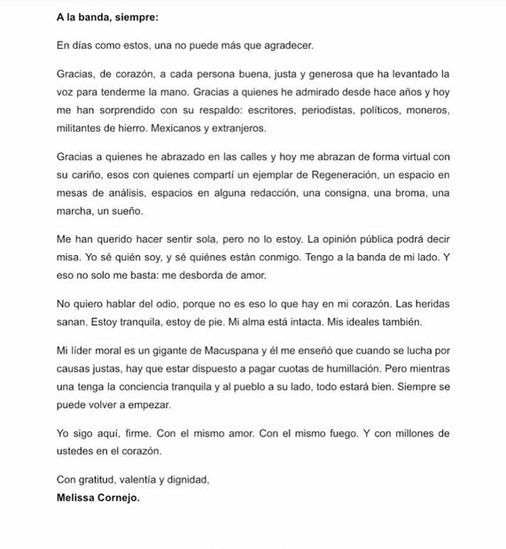 Carta de agradecimiento de la morenista a sus seguidores y personas que la han respaldado. Foto: Tiktok