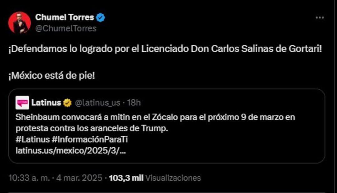 Chumel Torres reacciona a mitin de Sheinbaum en el Zócalo tras aranceles de Trump. Foto: Captura de pantalla