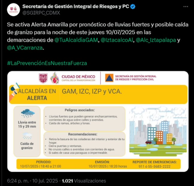 SGIRPC advierte por fuertes lluvias en 4 alcaldías (10/07/2025). Foto: Captura de pantalla