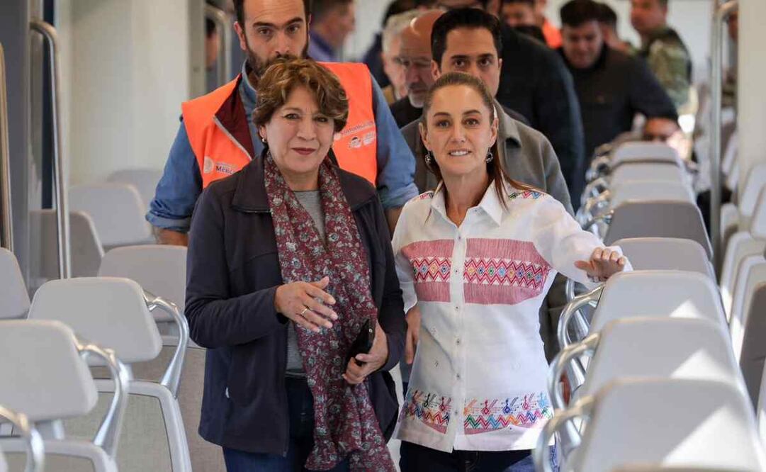 La presidenta Claudia Sheinbaum y la gobernadora del Edomex, Delfina Gómez en reporte de avances del tren suburbano al AIFA el domingo 21 de diciembre de 2025 / Foto: Hugo Salvador. EL UNIVERSAL