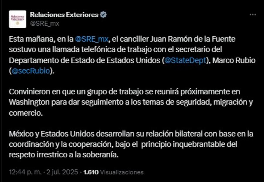 Secretaría de Relaciones Exteriores en X. Foto: Captura de pantalla de la cuenta de X.