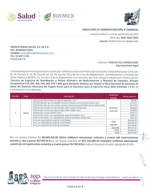Contrato a Medica Farma Arcar mediante proceso de adjudicación directa.