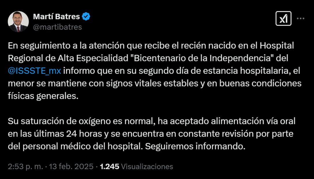 Martí Batres, director del ISSSTE, informa sobre la salud del pequeño abandonado en Tultitlán. Foto: Captura de pantalla.