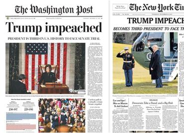 "Trump acusado": así son las portadas del NewYork Times y Washington Post tras Impeachment