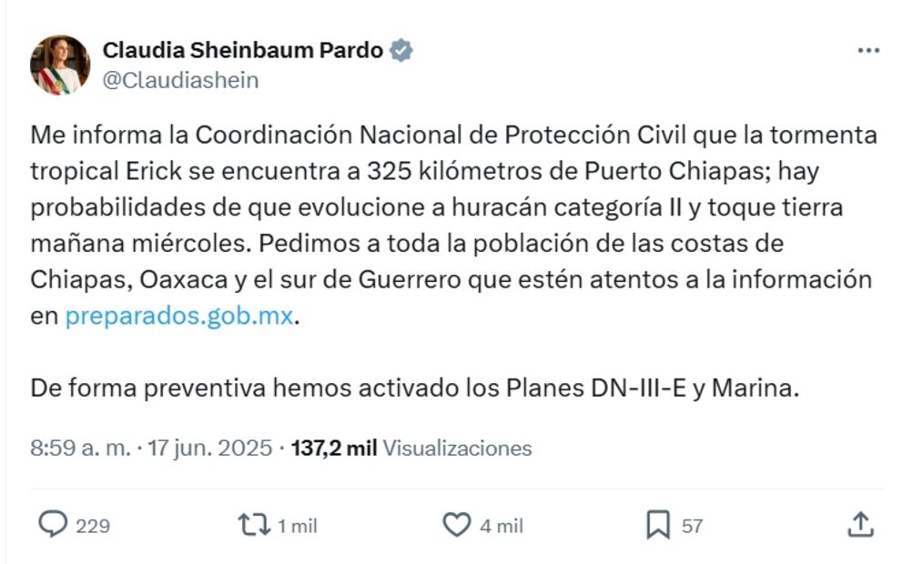 La presidenta Claudia Sheinbaum informó sobre la situación. Fuente: X