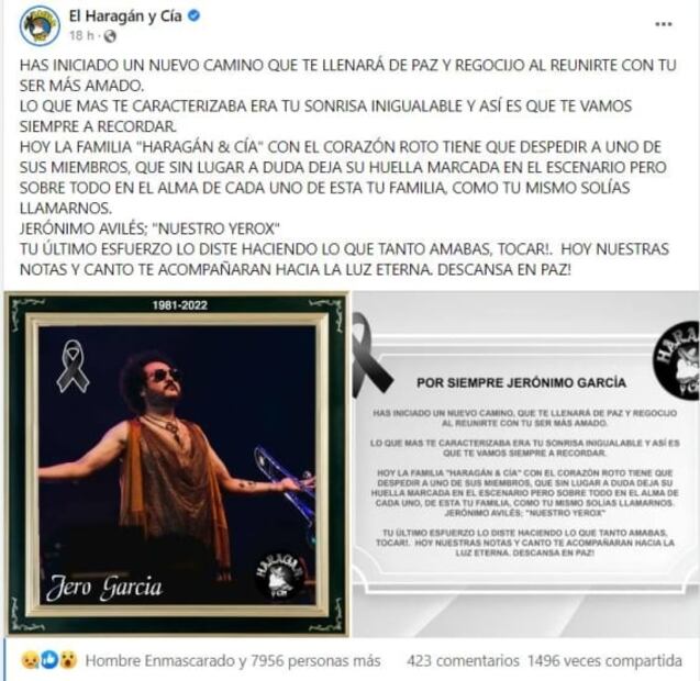 Muere Jerónimo García "Yerox", músico de El Haragán