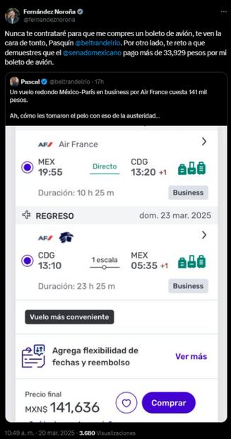 El presidente del Senado Fernández Noroña respondió este 20 de marzo del 2025 ante acusaciones del precio del boleto de avión a Francia. Foto: Captura de pantalla.