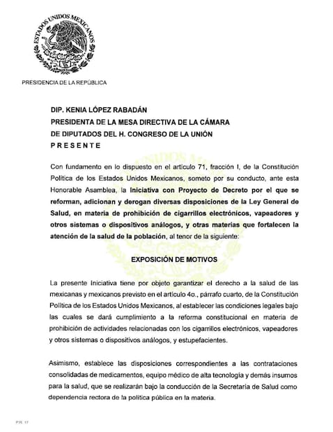Escrito dirigido a la cámara de diputados
