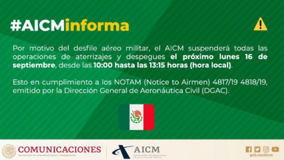 Por desfile aéreo militar, AICM suspenderá operaciones el 16 de septiembre