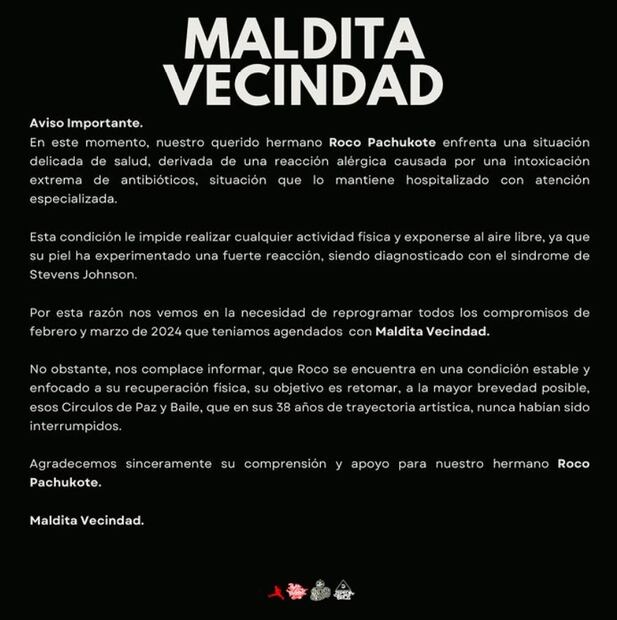 Comunicado de la salud de Roco. Foto: Instagram.