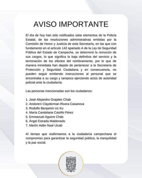 Aviso público donde se informa que causan baja 7 policías de Campeche. Foto: especial