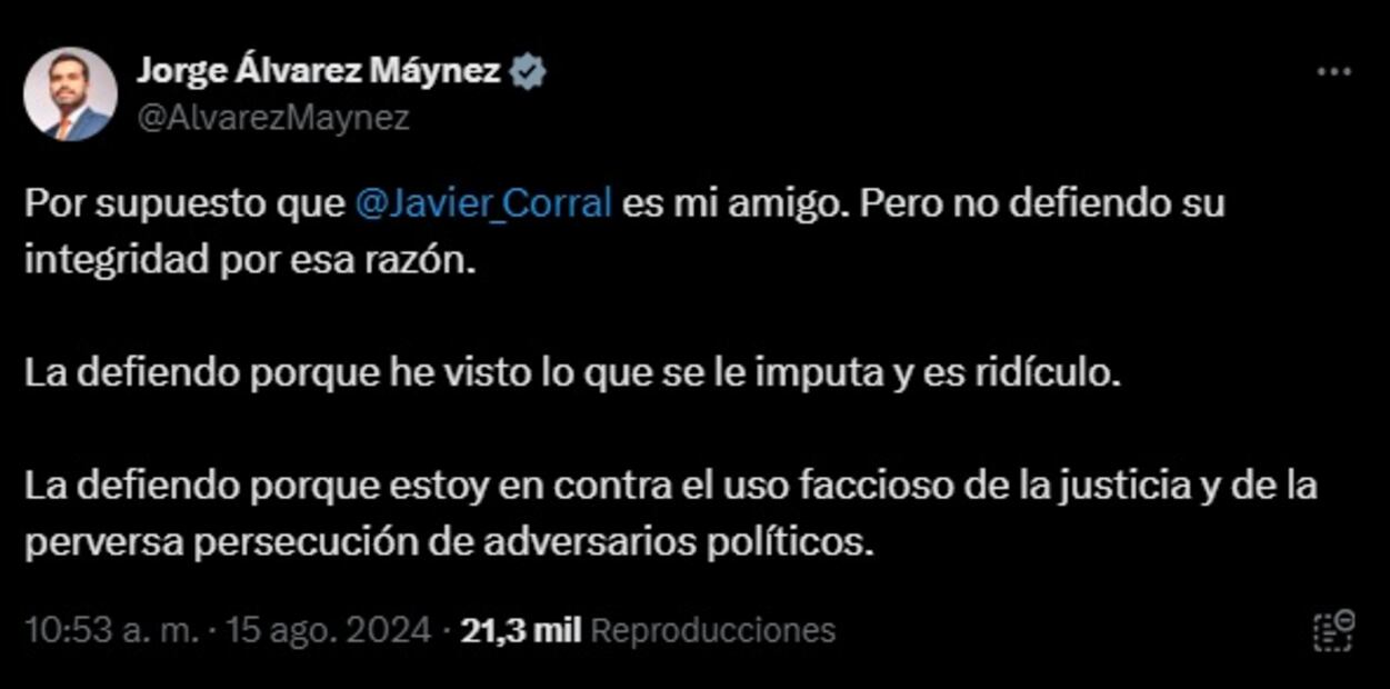 Jorge Álvarez Máynez afirma que Javier Corral es su amigo. Foto: Captura de pantalla de la cuenta de X de @AlvarezMaynez