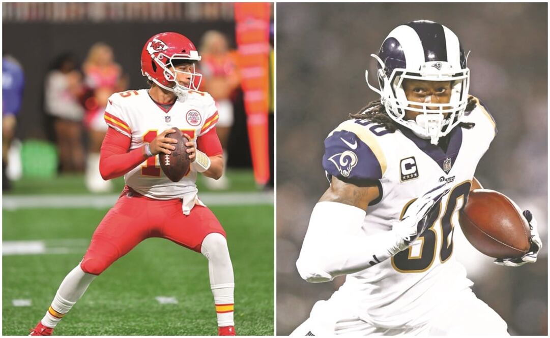 Patrick Mahomes lidera a la sexta mejorpfenisva hasta ahora; por los Rams, Todd Gurley corrió hasta ahora para tres touchdowns. (FOTOS: AFP)