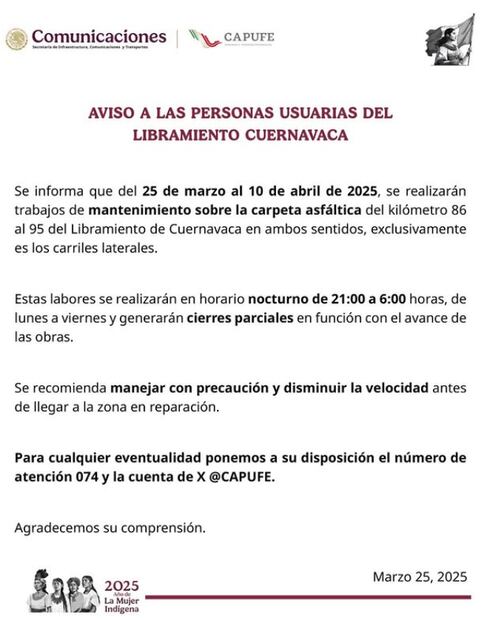 Capufe anunció una nueva etapa de obras de mantenimiento en el Libramiento de Cuernavaca. Foto: Capufe