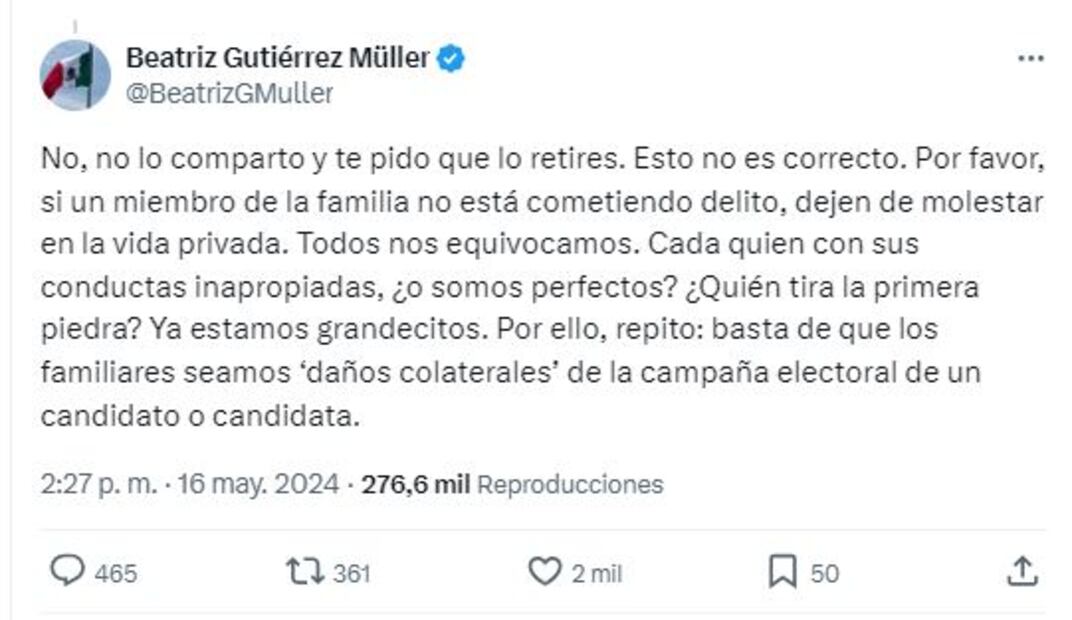 Beatriz Gutierrez Müller anda tweet a Callo de Hacha