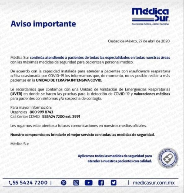 Médica Sur y ABC Observatorio agotan su capacidad para atender Covid-19