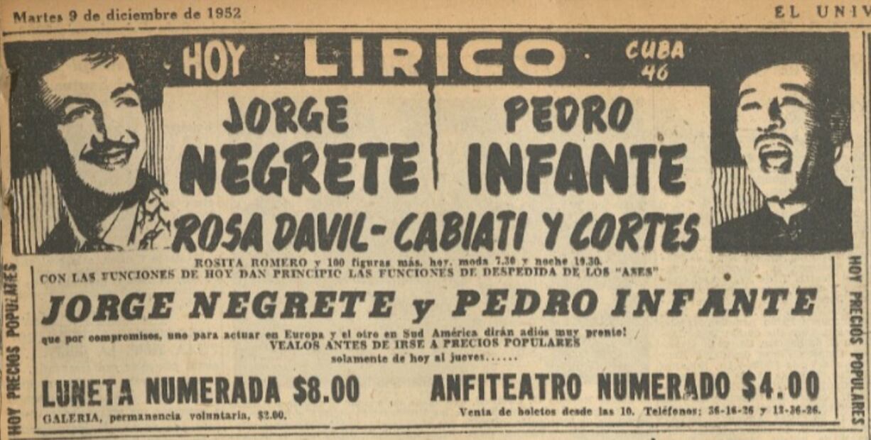 Jorge Negrete y Pedro Infante protagonizaron una temporada en el Teatro Lírico en 1952, donde se presentaron juntos cantando sus respectivos éxitos musicales. 
Fototeca EL UNIVERSAL.