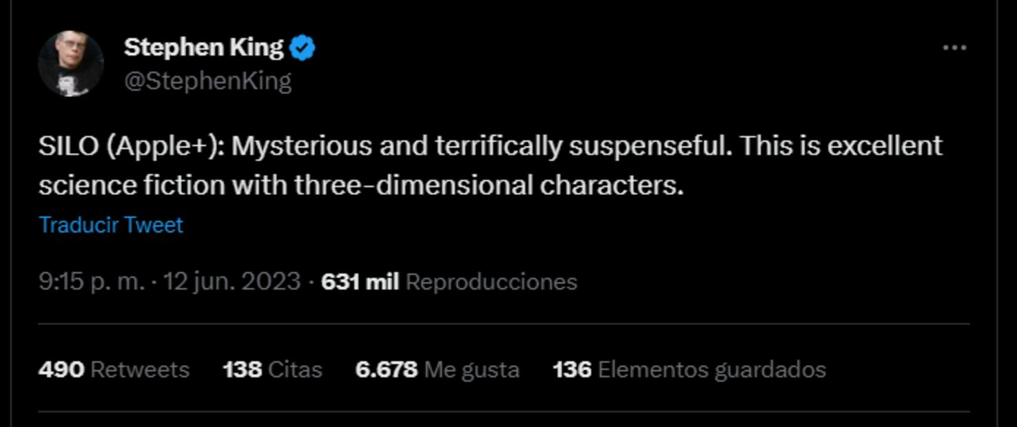 El maestro del terror elogió en las redes a la serie "Silo" de Apple Tv. Fuente: captura Twitter