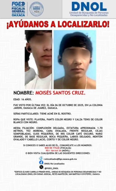 Buscan al menor  Moisés Santos, Oaxaca (09/10/2025). Foto: Especial