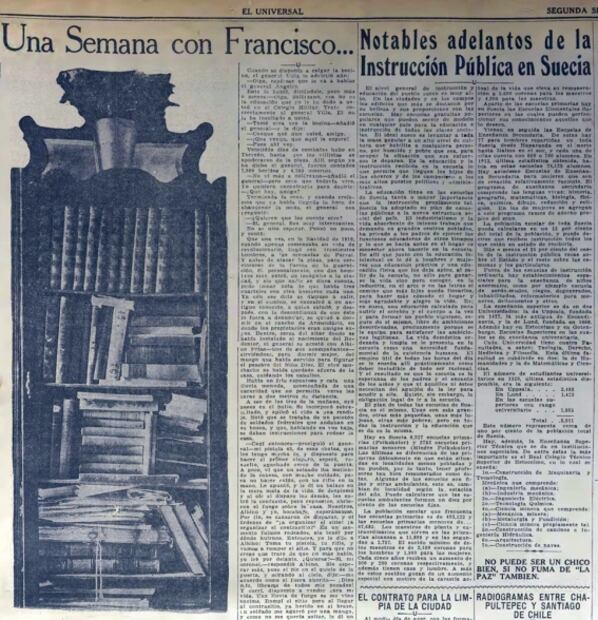 A la izquierda de este fragmento de plana se observa un mueble donde el general Francisco Villa tenía varios títulos que resultaron interesantes para el reportero enviado por este dario Regino Hernández Llergo, desde enciclopedias, Pedagogía y Geografía hasta libros de cocina e inglés. "Ya ve que Francisco Villa estudia", dijo el caudillo al redactor. Hemeroteca EL UNIVERSAL.