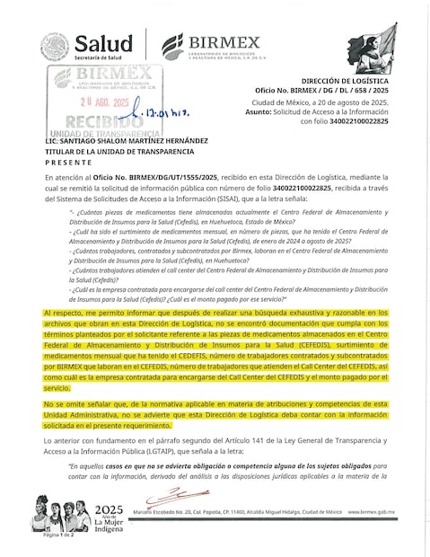 En agosto pasado, Birmex negó tener información sobre cuántas piezas de medicamentos están almacenadas actualmente en la bodega