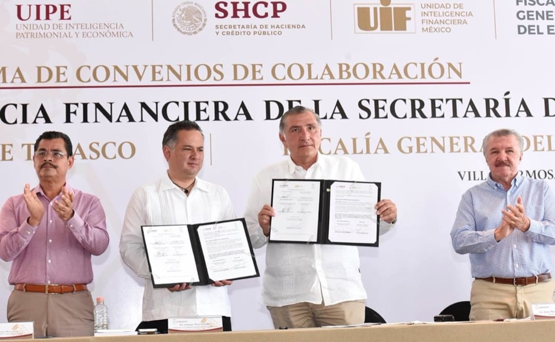 Firma de convenio de colaboración con la Unidad de Inteligencia Patrimonial y Económica del Estado de Tabasco. Foto: tomada de Twitter @SNietoCastillo