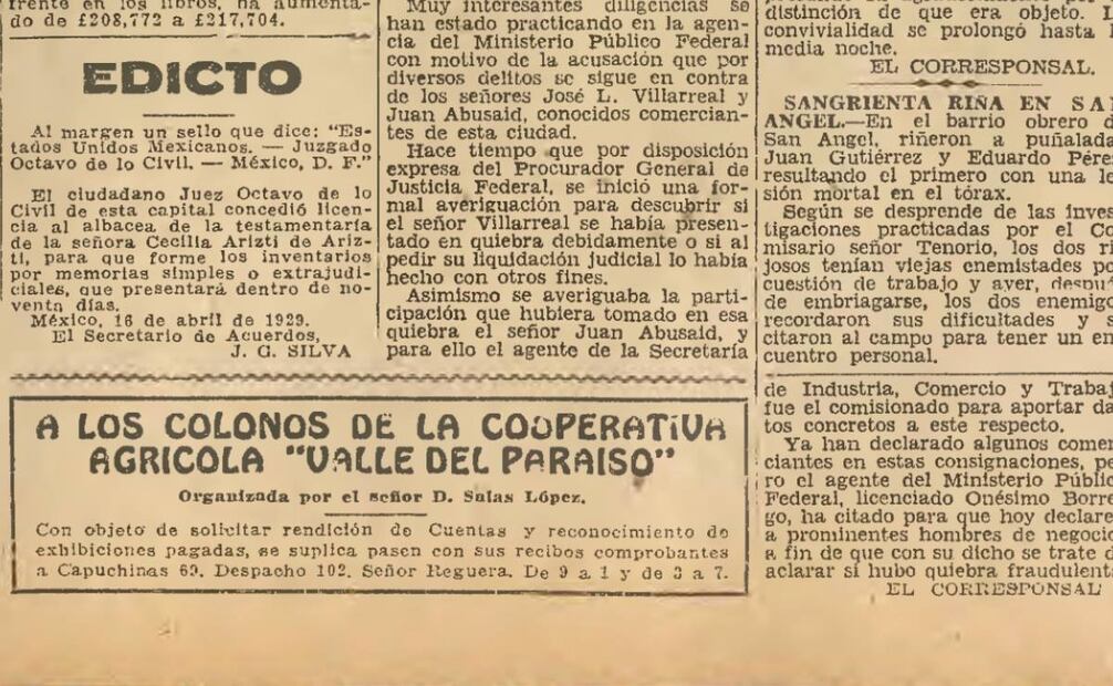 Las páginas de EL UNIVERSAL confirman que, en sus inicios, esta colonia se conoció como la Cooperativa Agrícola Valle del Paraíso, pero a partir de mediados de 1930 empieza a encontrarse con su nombre actual. Hemeroteca EL UNIVERSAL.