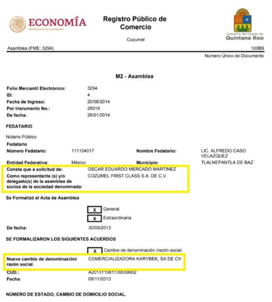 Cozumel First Class fue modificada en su nombre a Karybek y C&N Consultoría. Foto: Especial