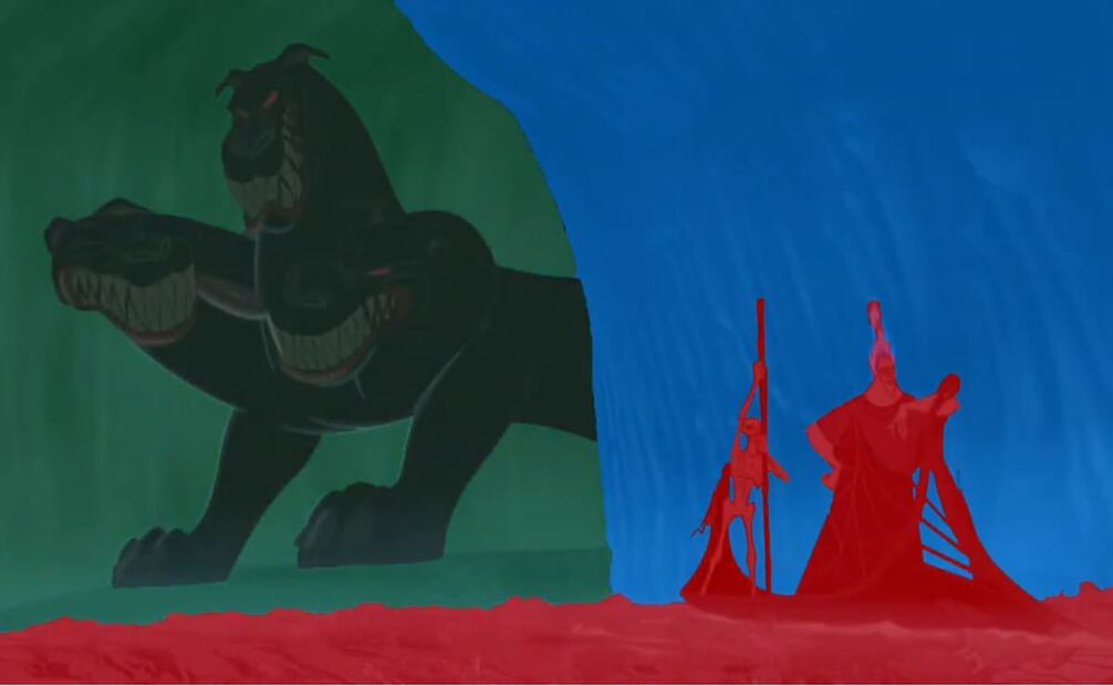 El entrevistado opina que las escenas de cine ayudan a percibir la manera en que los artistas visuales representan la profundidad. BEmiliano marca en rojo un primer plano de la cinta de Disney "Hércules", en azul el segundo y en verde el tercero. Captura de pantalla.
