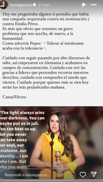 A través de sus redes sociales, la actriz lanzó un mensaje para responder a los ataques en su contra. Foto: Captura de pantalla.