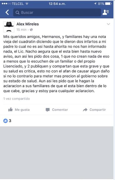 Desmiente hijo que José Mireles sufriera dos infartos