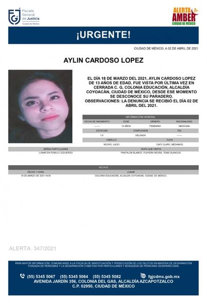 Emiten alerta amber para Aylin Cardoso, joven desaparecida en Coyoacán