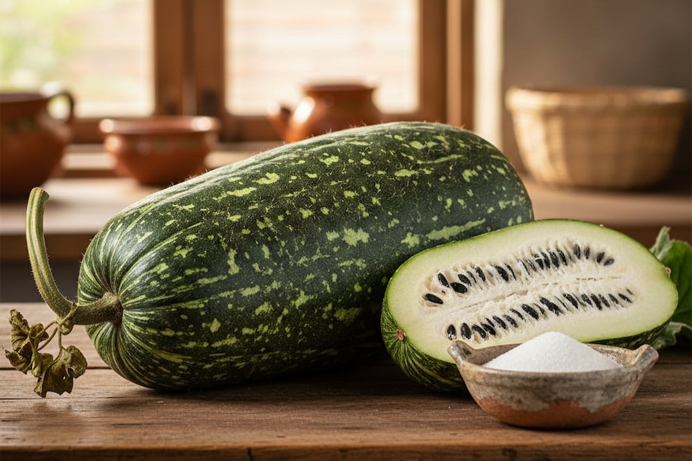 El chilacayote es un fruto mexicano versátil que destaca por su sabor suave y su aporte bajo en calorías. Foto: Imagen generada con IA