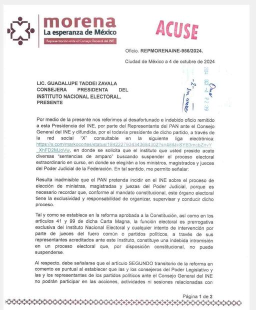 Oficio dirigido a la presidenta del INE, Guadalupe Taddei. Foto: Especial