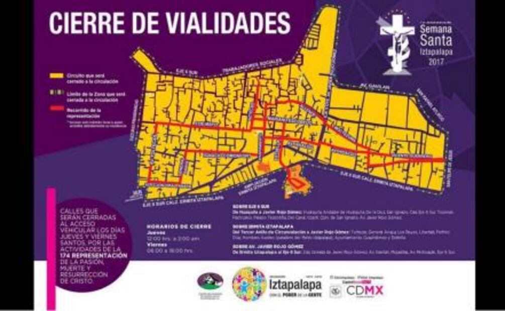 Mapa. Cortes viales por Viacrucis de Jesús en Iztapalapa