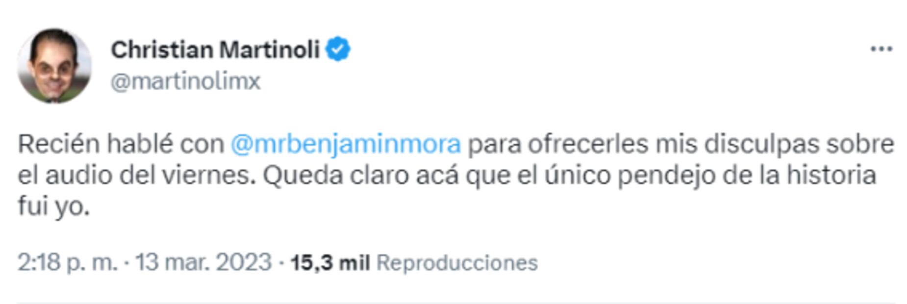 Christian Martinoli se disculpa con Benjamín Mora por insultarlo: “El único pend… fui yo”