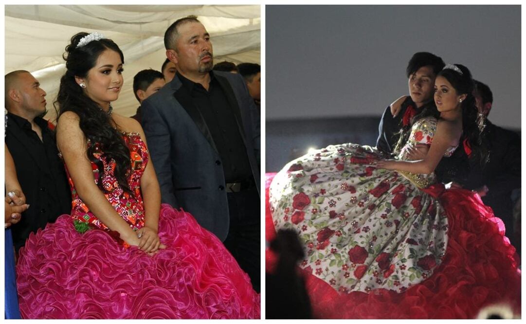 A la izquierda, el vestido diseñado por artesanas huastecas, y a la derecha el confeccionado por Luis García, quien radica en EU (Fotos: Xinhua y EFE)