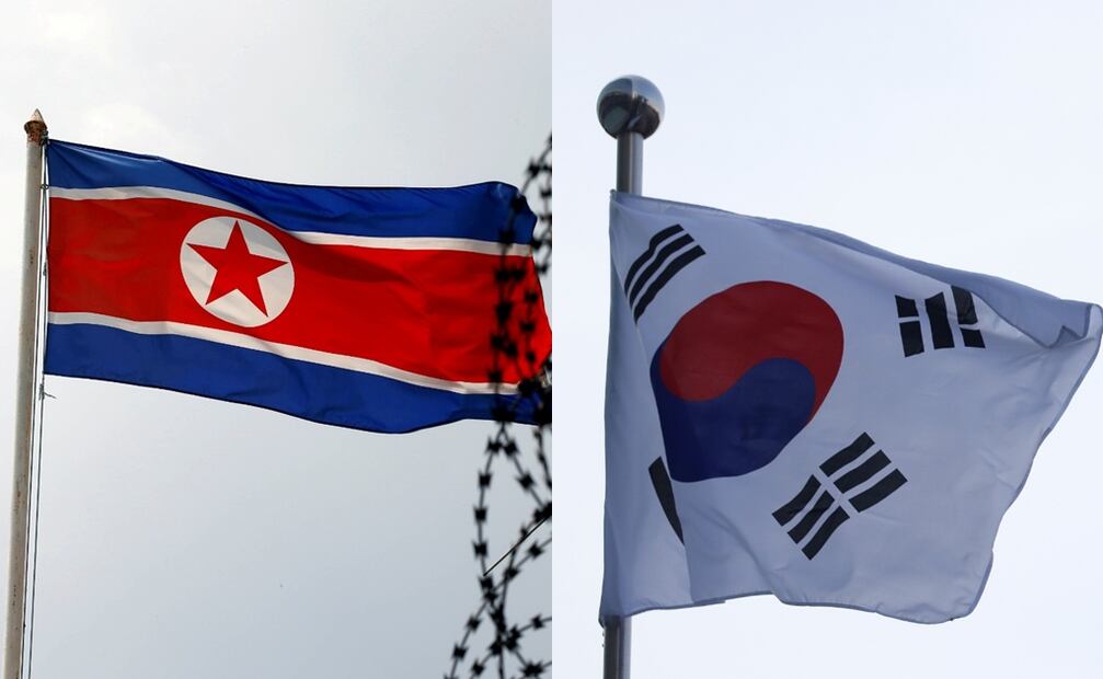 La bandera de Corea del Norte ondea al lado de alambre de concertina - Foto: Edgar Su / REUTERS (izquierda) y una bandera de Corea del Sur se agita por el viento - Foto: Kim Hong-Ji / REUTERS (derecha)