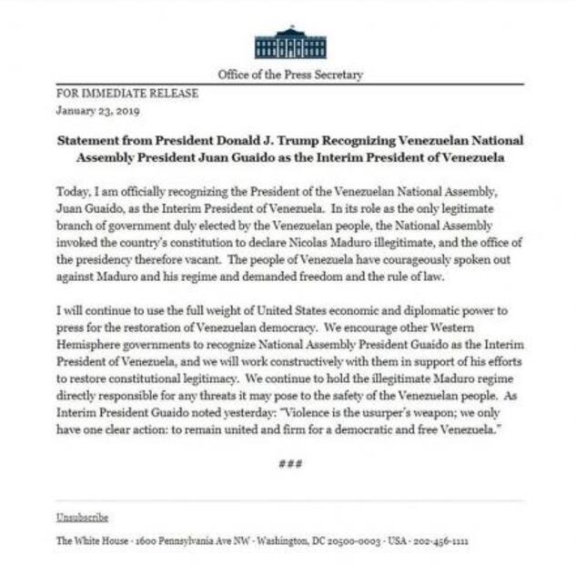 Trump reconoce a Juan Guaidó como “presidente encargado de Venezuela”