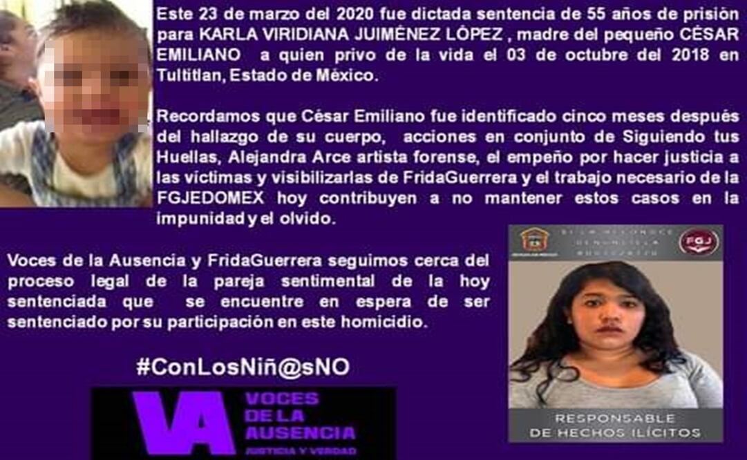 Karla Viridiana Jiménez López, fue condenada a 55 años de prisión, “luego de que en octubre del año 2018 ocasionó la muerte de su hijo de un año y un mes de edad, en el municipio de Tultitlán”. Foto: Especial