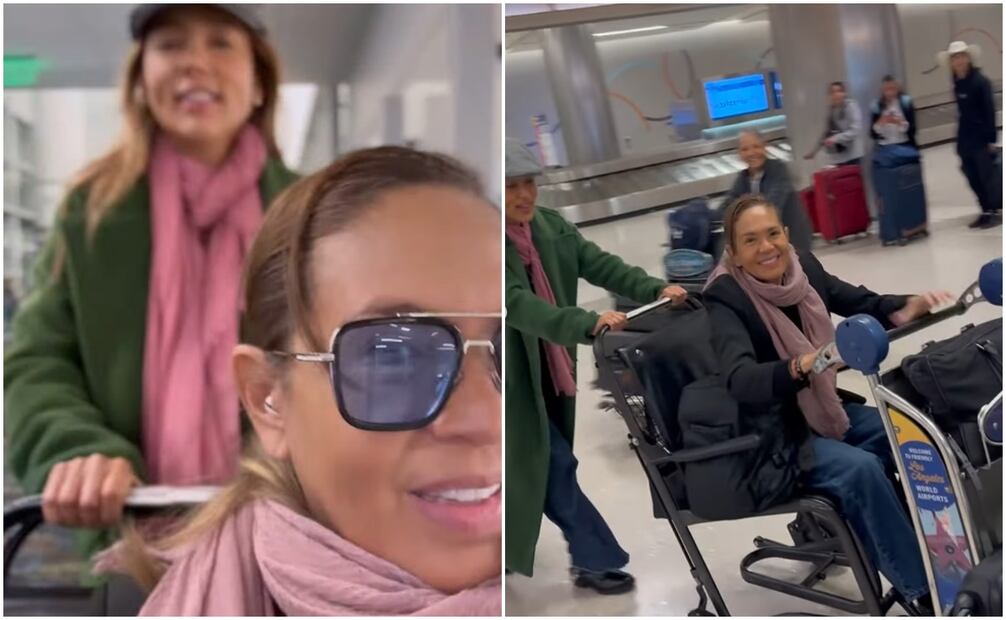 Yolanda Andrade y su hermana Marilé en el aeropuerto. Se agradecen mutuamente por los aprendizajes en estos meses en los que la conductora ha estado mal de salud.