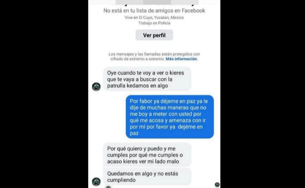 Mensajes del policía donde acosa a la joven yucateca (21/03/2025). Foto: Especial