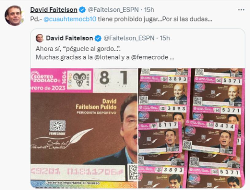 David Faitelson presume aparición en billetes de lotería: "Péguele al gordo"