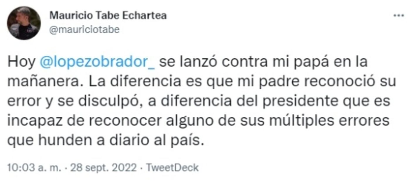 Mauricio Tabe responde a AMLO por lanzarse contra su papá en la mañanera