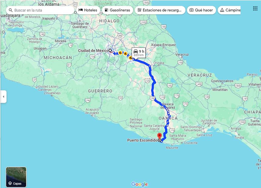 Ruta desde la CDMX a Puerto Escondido por la Autopista Barranca Larga - Ventanilla. Foto: Captura de pantalla