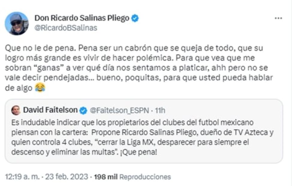 ¡Se arma la trifulca! Salinas Pliego y David Faitelson pelean en Twitter: "¿Cuántos equipos has tenido?"