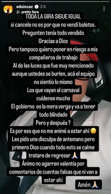 Eduin Caz lamenta no cantar en el Carnaval de Mazatlán.