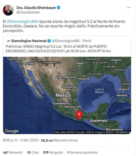 Reporte de la Jefa de Gobienro, Claudia Sheinbaum sobre la activación de la alerta sísmica en CDMX / Twitter