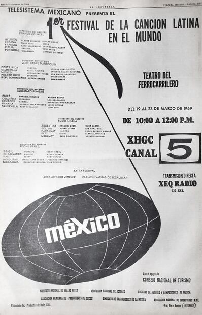 Anuncio para el I Festival de la Canción Latina en México. En 1969, Canal 5 transmitió las eliminatorias en blanco y negro, dejando la final a todo color. Un año después, el Canal 2 transmitió todo a color. Foto: Hemeroteca EL UNIVERSAL.